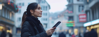 Woman Checking Stocks Downtown