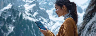 Woman Analyzing Stocks in Mountains