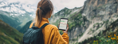 Woman with Smartphone on Mountain Trail